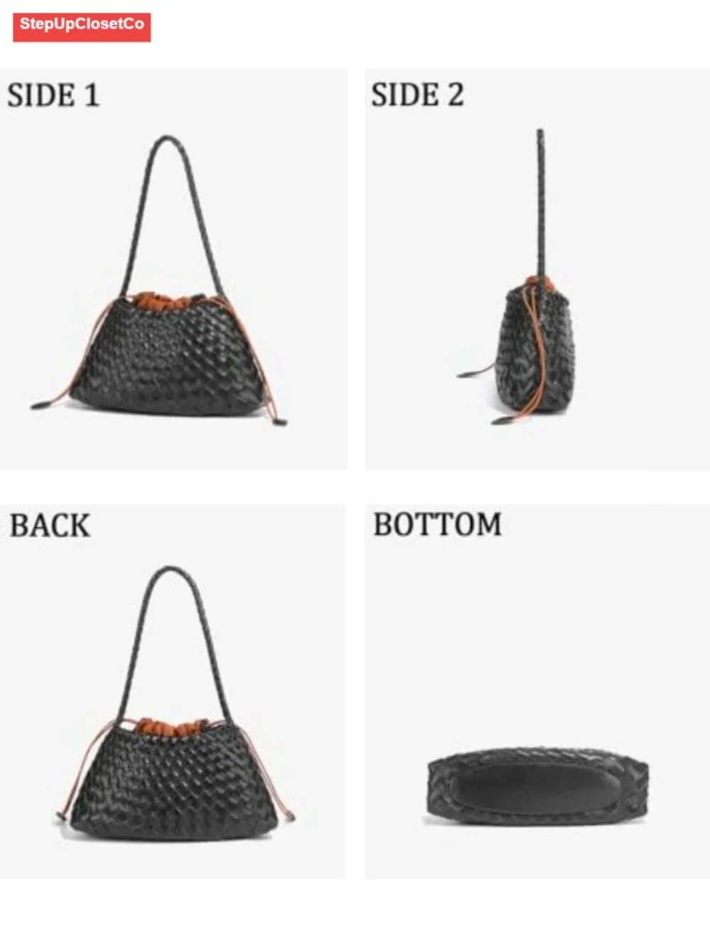 Woven Hobo Shoulder Bag Faux Leather Slouchy Tote Handbag Drawstring